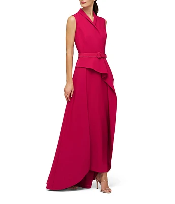 Kay Unger Felicia V-Neck Sleeveless Belted Crepe Walk Thru Gown