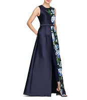 Kay Unger Finley Mikado Floral Print Crew Neck Sleeveless Straight Leg Belted Walk Through Gown