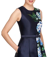 Kay Unger Finley Mikado Floral Print Crew Neck Sleeveless Straight Leg Belted Walk Through Gown