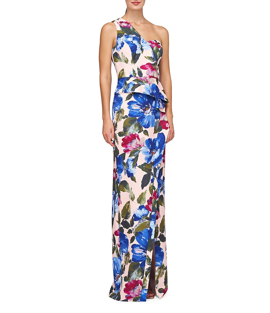 Kay Unger Floral Crepe One Shoulder Sleeveless Gown