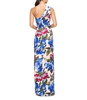 Kay Unger Floral Crepe One Shoulder Sleeveless Gown