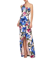 Kay Unger Floral Crepe One Shoulder Sleeveless Gown