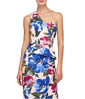 Kay Unger Floral Crepe One Shoulder Sleeveless Gown