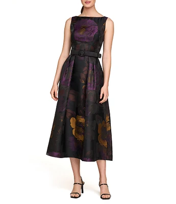 Kay Unger Floral Jacquard Bateau Neck Sleeveless V-Back Belted Fit & Flare Dress