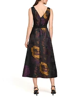 Kay Unger Floral Jacquard Bateau Neck Sleeveless V-Back Belted Fit & Flare Dress