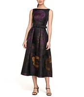 Kay Unger Floral Jacquard Bateau Neck Sleeveless V-Back Belted Fit & Flare Dress