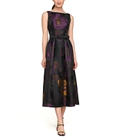 Kay Unger Floral Jacquard Bateau Neck Sleeveless V-Back Belted Fit & Flare Dress