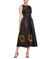 Kay Unger Floral Jacquard Bateau Neck Sleeveless V-Back Belted Fit & Flare Dress