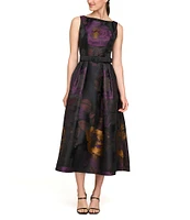 Kay Unger Floral Jacquard Bateau Neck Sleeveless V-Back Belted Fit & Flare Dress