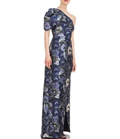 Kay Unger Floral Jacquard One Shoulder Drape Puff Sleeve Gown