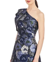 Kay Unger Floral Jacquard One Shoulder Drape Puff Sleeve Gown
