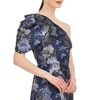 Kay Unger Floral Jacquard One Shoulder Drape Puff Sleeve Gown