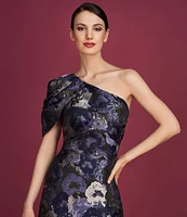Kay Unger Floral Jacquard One Shoulder Drape Puff Sleeve Gown