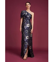 Kay Unger Floral Jacquard One Shoulder Drape Puff Sleeve Gown