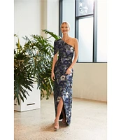 Kay Unger Floral Jacquard One Shoulder Drape Puff Sleeve Gown