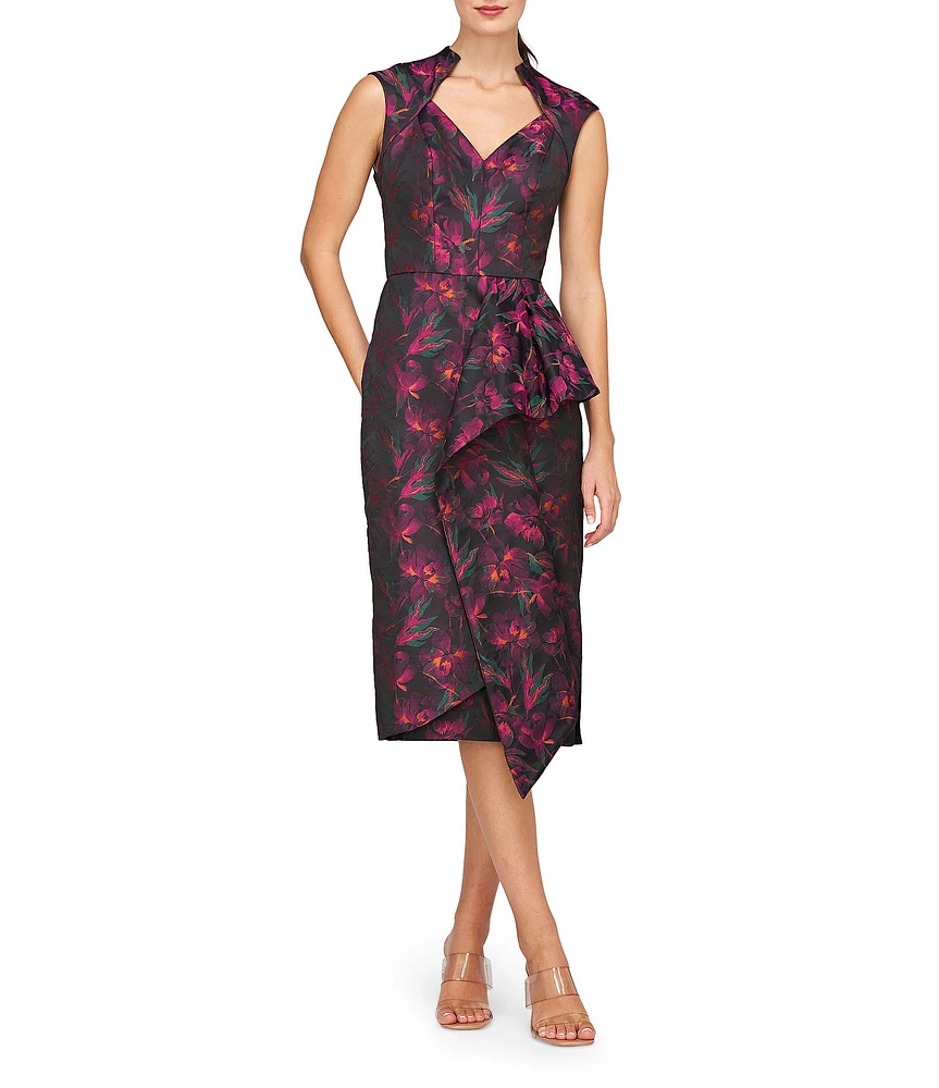 Kay Unger Floral Jacquard V-Neck Cap Sleeve Ruffle Midi Dress