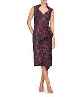 Kay Unger Floral Jacquard V-Neck Cap Sleeve Ruffle Midi Dress