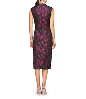 Kay Unger Floral Jacquard V-Neck Cap Sleeve Ruffle Midi Dress