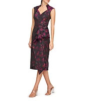 Kay Unger Floral Jacquard V-Neck Cap Sleeve Ruffle Midi Dress