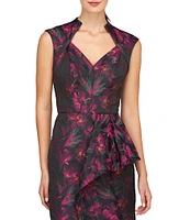 Kay Unger Floral Jacquard V-Neck Cap Sleeve Ruffle Midi Dress