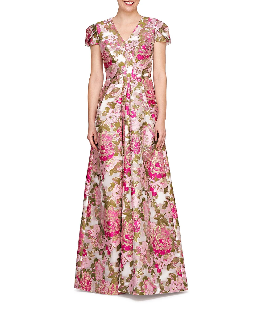 Kay Unger Floral Jacquard V-Neck Short Sleeve Pleated Gown