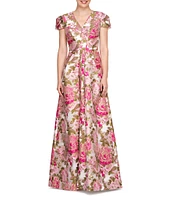 Kay Unger Floral Jacquard V-Neck Short Sleeve Pleated Gown