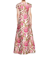 Kay Unger Floral Jacquard V-Neck Short Sleeve Pleated Gown