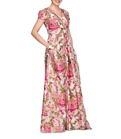 Kay Unger Floral Jacquard V-Neck Short Sleeve Pleated Gown