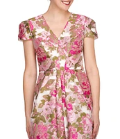 Kay Unger Floral Jacquard V-Neck Short Sleeve Pleated Gown