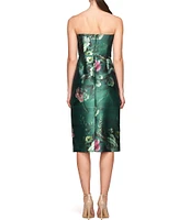 Kay Unger Floral Mikado Strapless Pleated Bodice Sleeveless Faux Wrap Front Slit Dress