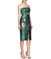 Kay Unger Floral Mikado Strapless Pleated Bodice Sleeveless Faux Wrap Front Slit Dress