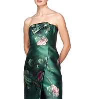 Kay Unger Floral Mikado Strapless Pleated Bodice Sleeveless Faux Wrap Front Slit Dress