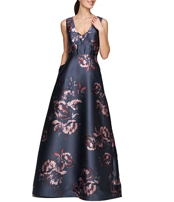 Kay Unger Floral Mikado V-Neck Sleeveless Pin Tuck Side Pocket Gown