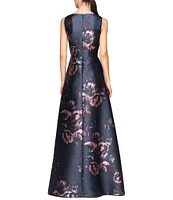 Kay Unger Floral Mikado V-Neck Sleeveless Pin Tuck Side Pocket Gown