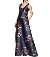 Kay Unger Floral Mikado V-Neck Sleeveless Pin Tuck Side Pocket Gown