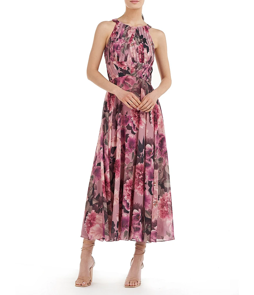 Kay Unger Floral Print Chiffon Halter Neck Pleated Midi Dress