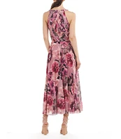 Kay Unger Floral Print Chiffon Halter Neck Pleated Midi Dress