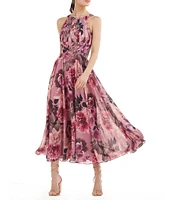 Kay Unger Floral Print Chiffon Halter Neck Pleated Midi Dress