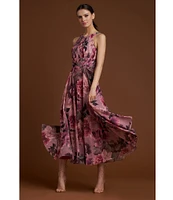 Kay Unger Floral Print Chiffon Halter Neck Pleated Midi Dress