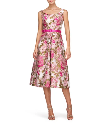 Kay Unger Floral Print Metallic Organza Jacquard Scoop Neck Sleeveless Belted Dress