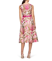 Kay Unger Floral Print Metallic Organza Jacquard Scoop Neck Sleeveless Belted Dress