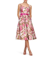 Kay Unger Floral Print Metallic Organza Jacquard Scoop Neck Sleeveless Belted Dress