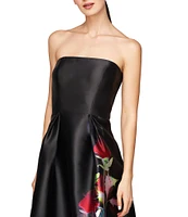 Kay Unger Floral Print Mikado Strapless Neck Sleeveless Column Skirt Ball Gown