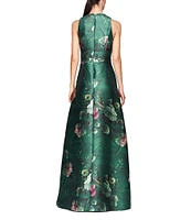 Kay Unger Floral Print Mikado V-Neck Sleeveless Side Pocket Gown