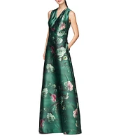 Kay Unger Floral Print Mikado V-Neck Sleeveless Side Pocket Gown