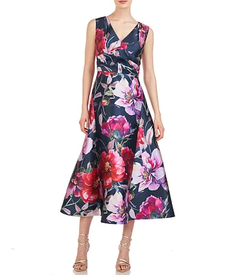 Kay Unger Floral Print V-Neck Sleeveless A-Line Dress