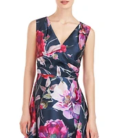 Kay Unger Floral Print V-Neck Sleeveless A-Line Dress