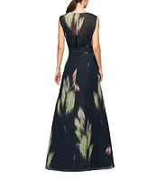 Kay Unger Floral Printed Chiffon Boat Neck Sleeveless Keyhole Back Side Pocket Gown