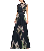 Kay Unger Floral Printed Chiffon Boat Neck Sleeveless Keyhole Back Side Pocket Gown