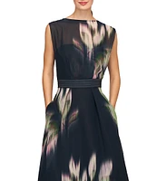 Kay Unger Floral Printed Chiffon Boat Neck Sleeveless Keyhole Back Side Pocket Gown